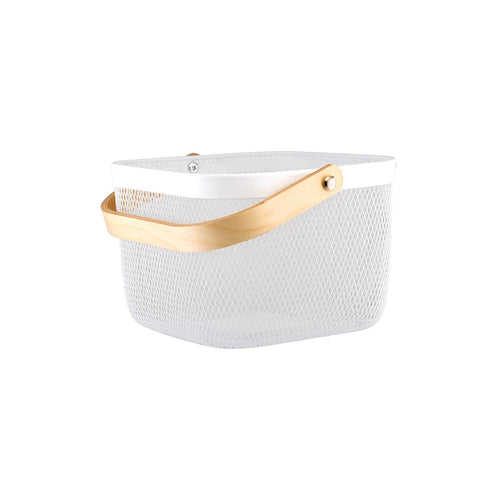 White Wired Storage Basket With Wooden Handle - Small (7745412301056)